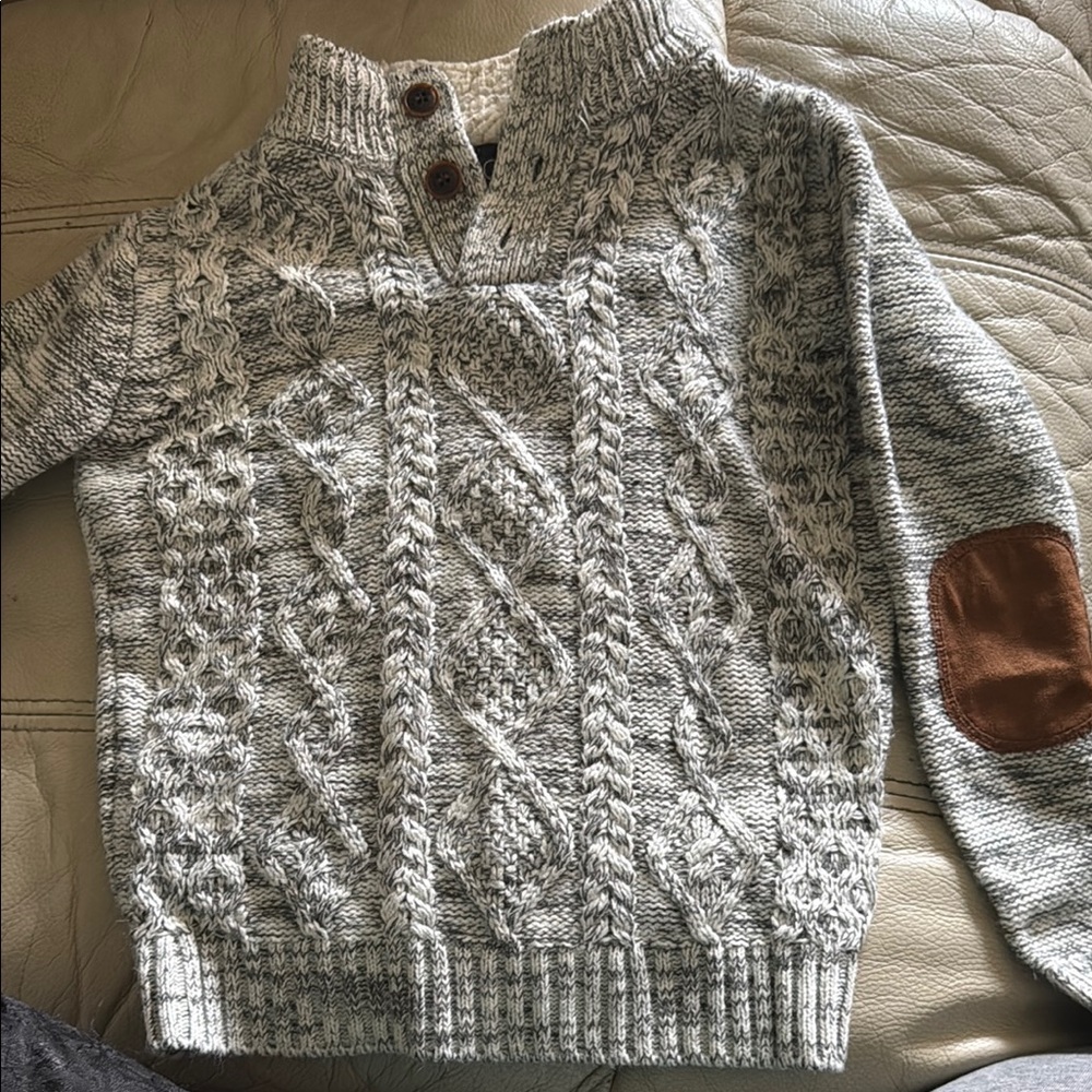 Gray Cable Knit Sweater with Brown Elbow Patches